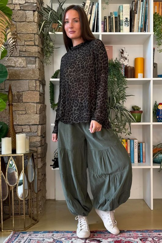 Tiby Funnel Neck Layering Top Leopard Khaki